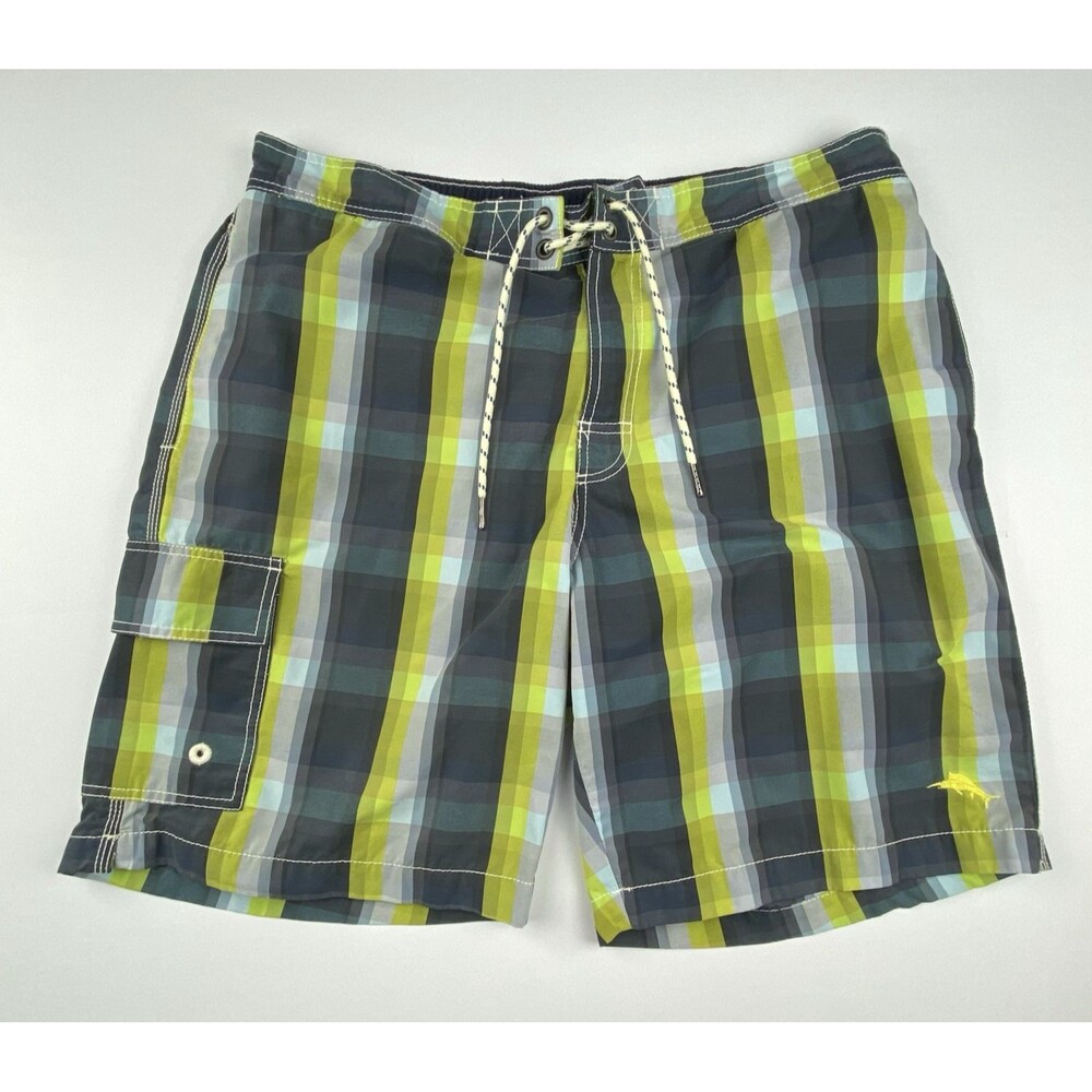 Tommy Bahama Relax Swim Trunks Mens L Green Blue Plaid Cargo‎ Lined Preppy